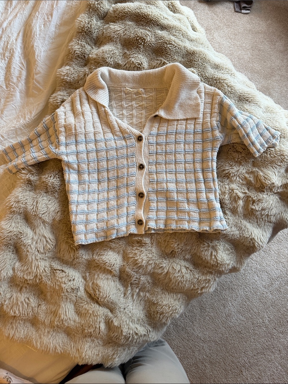 Cream Knit Button-Up Top with Light Blue Trim